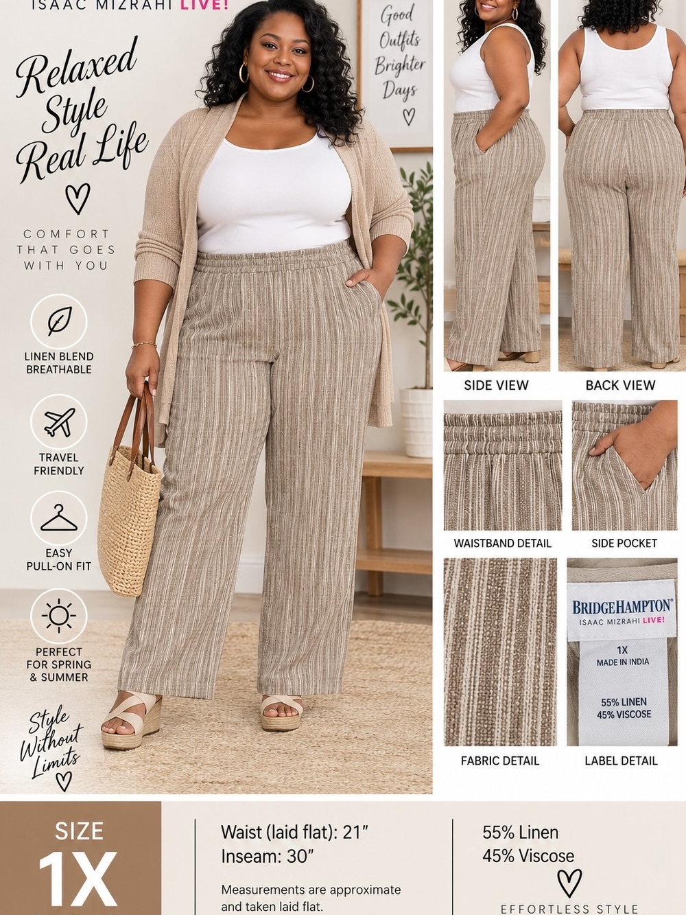 Bridge Hampton Isaac Mizrahi Live Linen Blend Striped Pants Size 1X NWOT